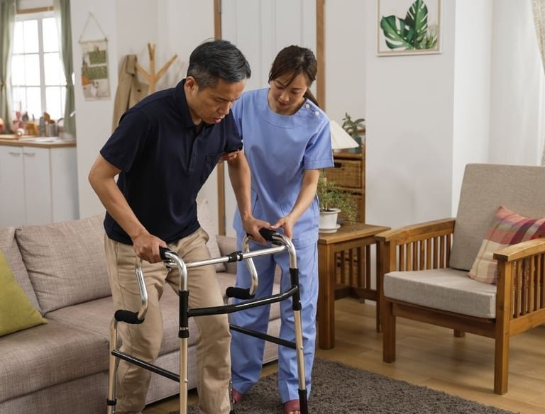 Caregiver helping a man to walk